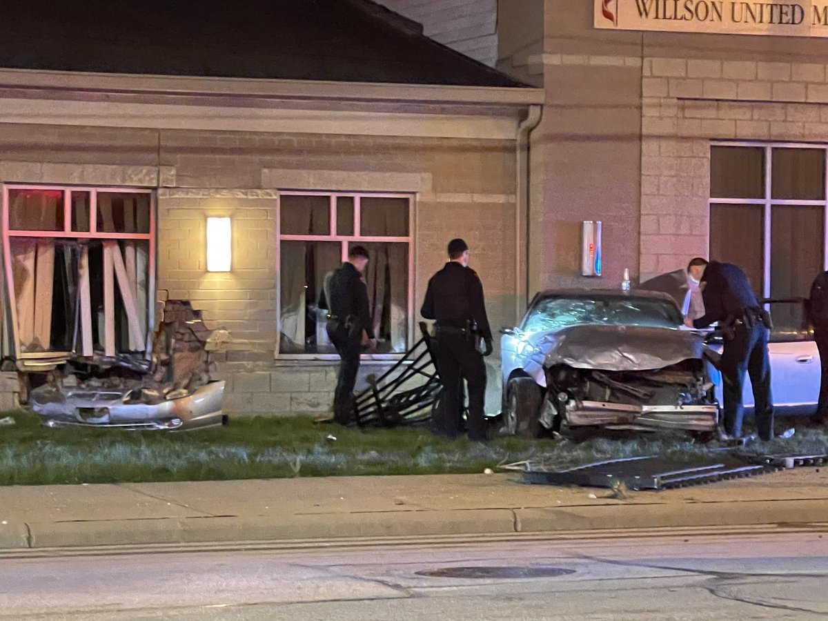 Car going at a high rate of speed lost control going through a construction zone crashed into Wilson United Methodist Church on St Clair. The suspect reportedly fled and is at large. No injuries were reported