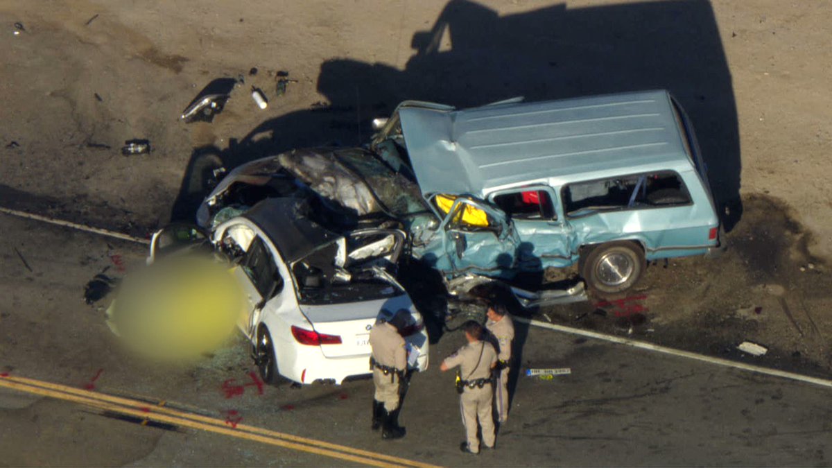 Three people were killed in a crash today between an older model Suburban and a BMW on San Francisquito Road at Riverview Rd in Saugus. Two others were transported in critical condition