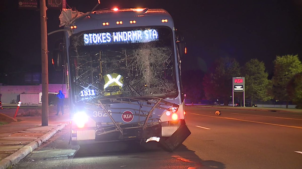 RTA bus vs pole and fire hydrant in East Cleveland right in front of East Cleveland City Hall on Euclid Avenue. No word on the driver or what caused this but the bus is a mess. Should be cleared up very shortly