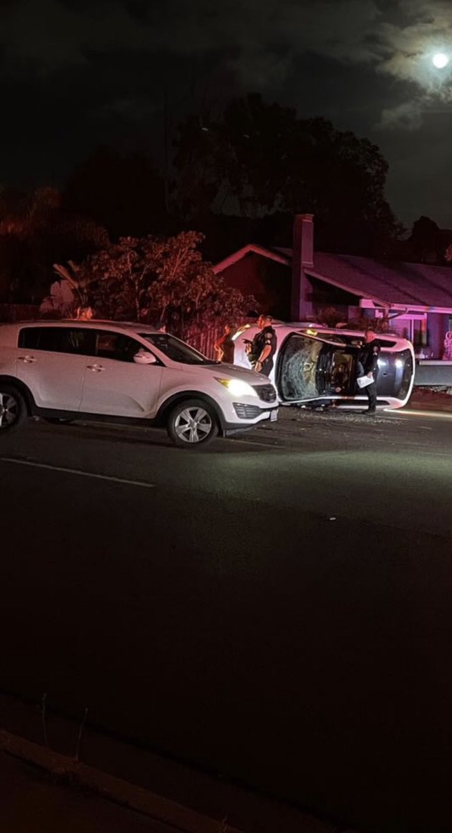 A crash left a vehicle on its side in Oceanside this evening. The collision was first reported shortly before 8:30 PM at College Boulevard and Olive Drive. At least one person was taken to a local hospital