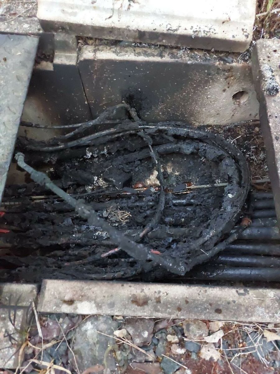 Photo of one of the arson attacks on a cable route which caused serious disruption to SNCF traffic