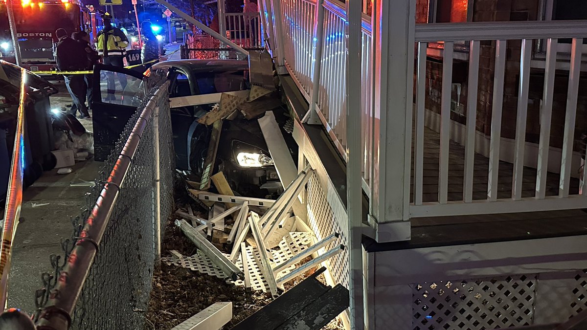 Boston, car crashed into a porch on Woodrow Ave, no injuries