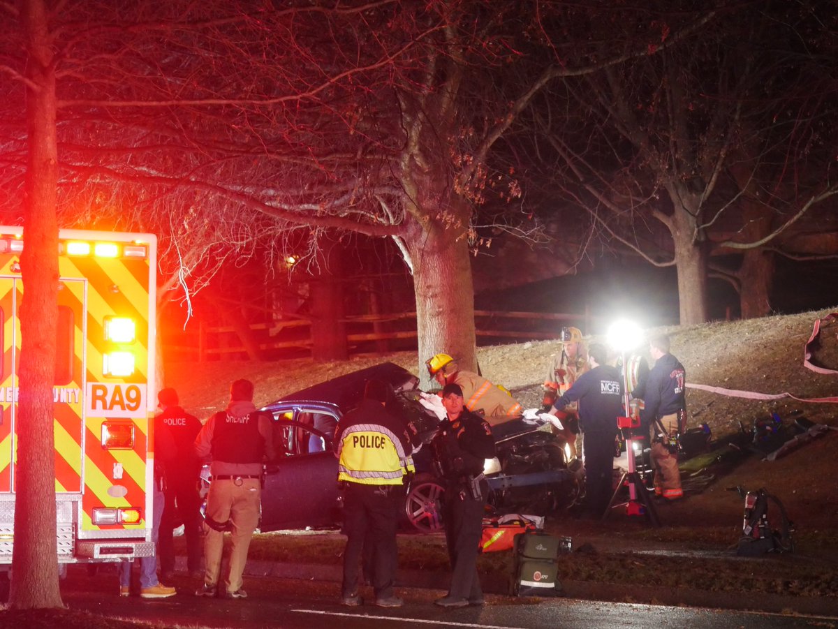 TEEN INJURED IN CRITICAL INJURY CRASH: East Village Ave & Dry Ridge Rd in Montgomery Village— the teen driver of a Dodge Charger crashed into a tree at high speeds & sustained critical injuries. (now unresponsive) All of East Village Ave is shutdown