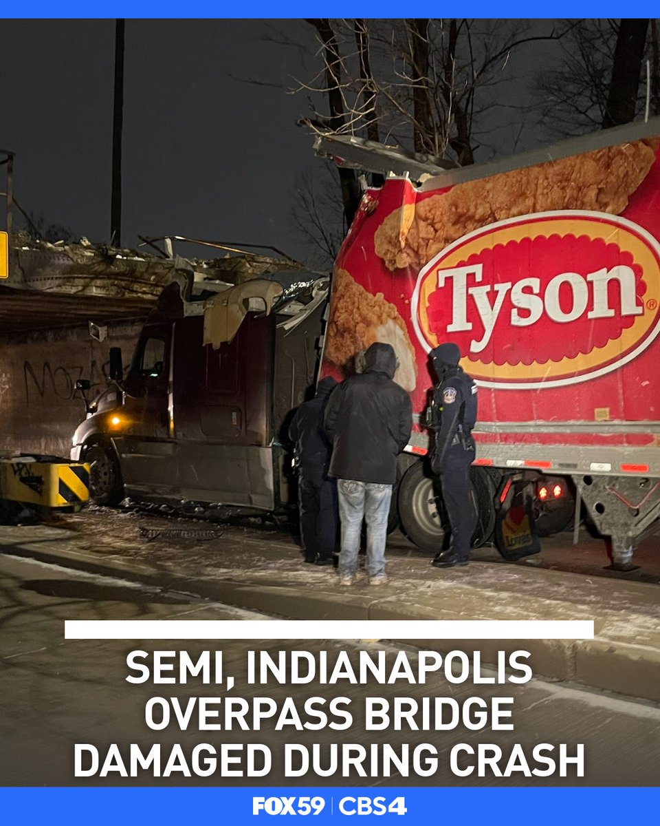 A semi and an overpass bridge were damaged during a crash on the near east side of Indianapolis Monday night. The damaged overpass bridge is located near the intersection of South Rural Street and Moore Avenue