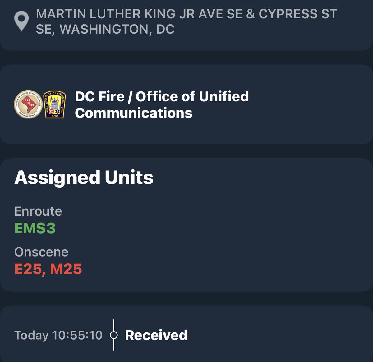 CRITICAL INJURY CRASH IN WASHINGTON DC: Martin Luther King Jr Ave SE and Cypress Street SE in Southeast DC— one person reported in cardiac arrest after a DC Fire & EMS ambulance came across the crash. Expect possible road closures in the area
