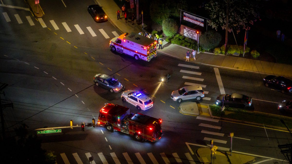 Olney, MD - Aerial of the scene of a reported crash in the area of Olney Sandy Spring Rd / Georgia Ave.