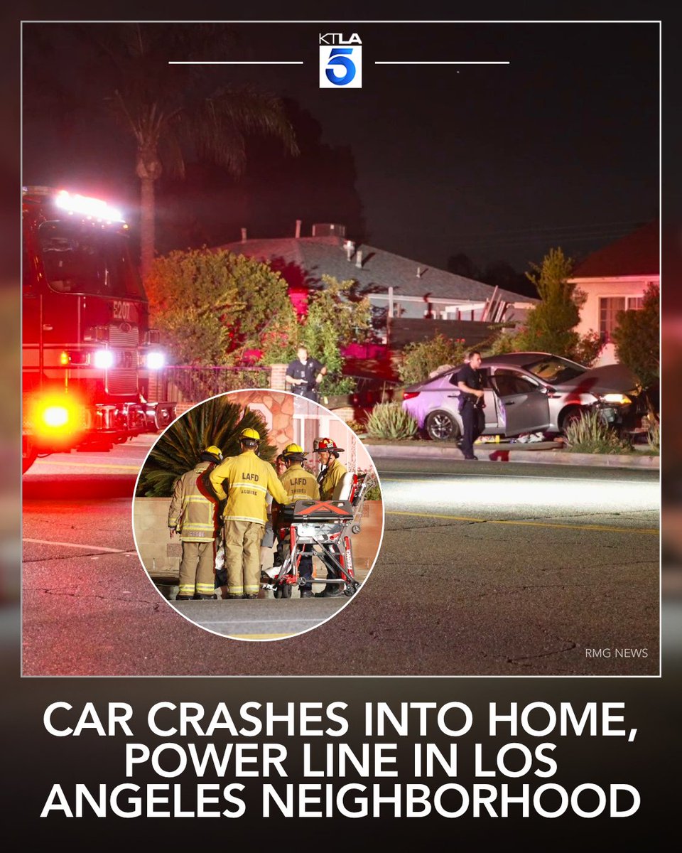 A car crashed into a home and a power line in the Mission Hills area of Los Angeles late Friday night, authorities said
