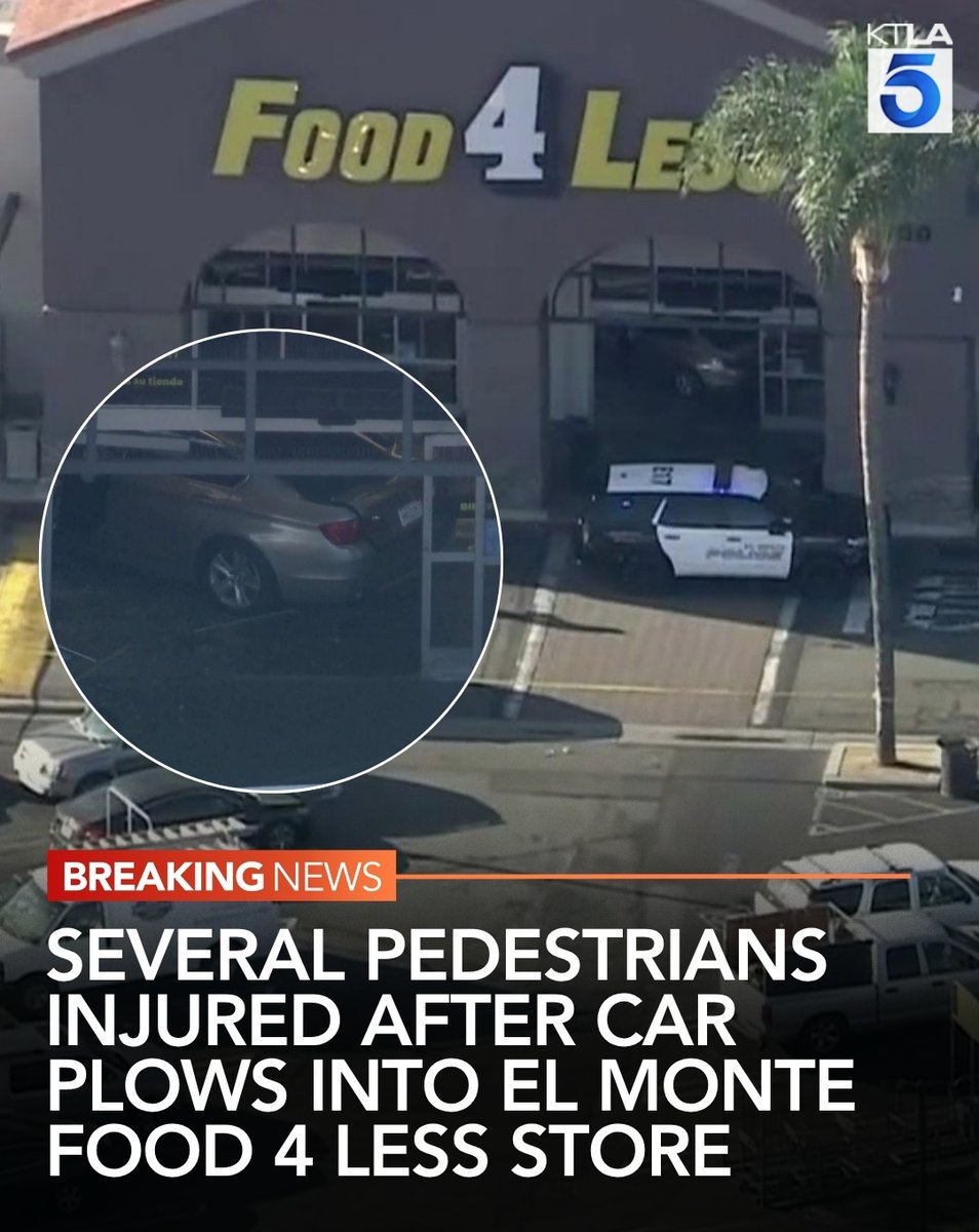 A car crashed into the front of a Food 4 Less store in El Monte Tuesday morning, injuring several pedestrians