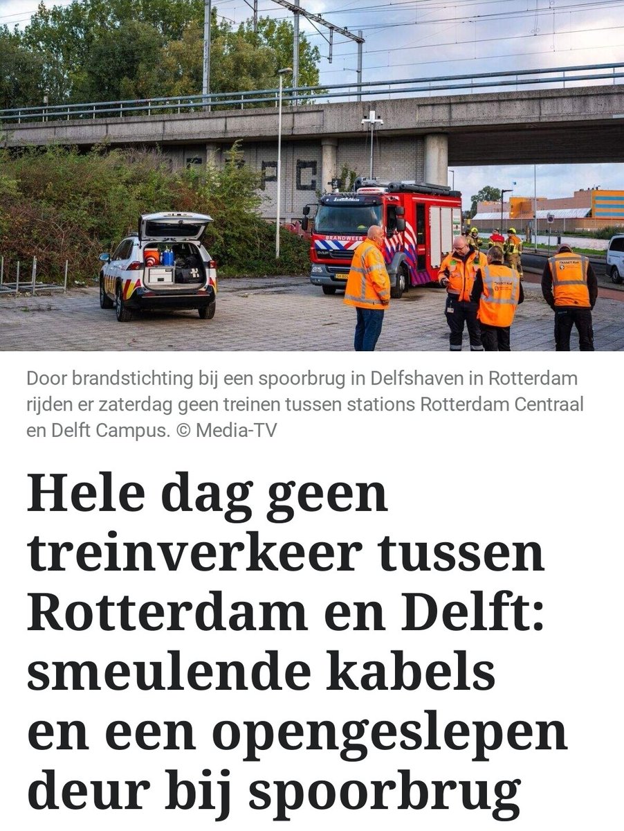 Due to a suspected arson at a railway bridge in Delfshaven in Rotterdam, no trains are running today between stations Rotterdam Centraal and Delft Campus. The police and fire department are conducting an investigation